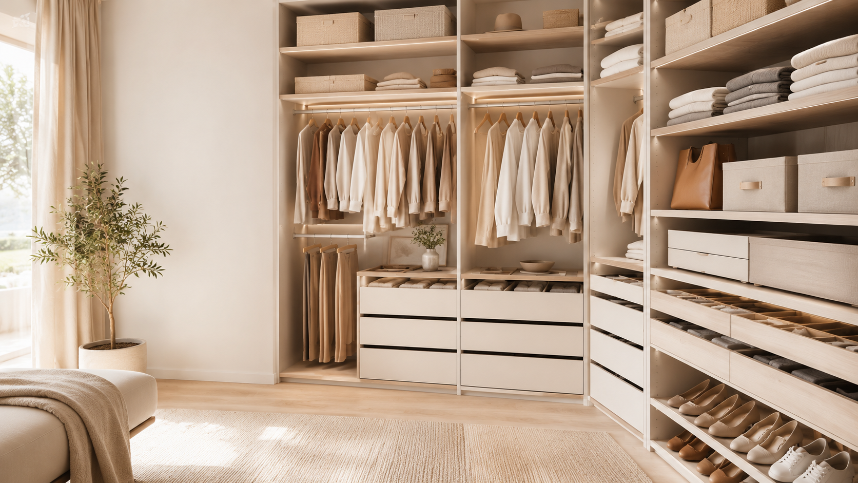 Bright walk-in closet with neatly arranged neutral clothing, storage boxes, folded linens, drawers, and shoes.