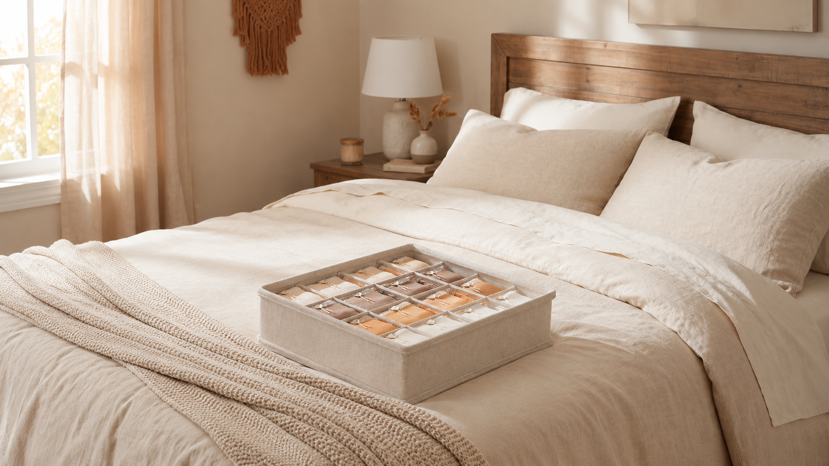 Warm neutral bedroom with a neatly made bed and a compartmented fabric organizer placed on top.