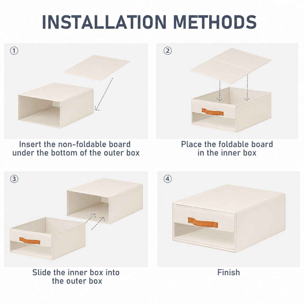 Four-step installation guide showing how to assemble a fabric storage drawer with inner and outer boxes and support boards.