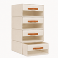 Stack of four beige fabric closet storage drawers with brown handles and open front panels.