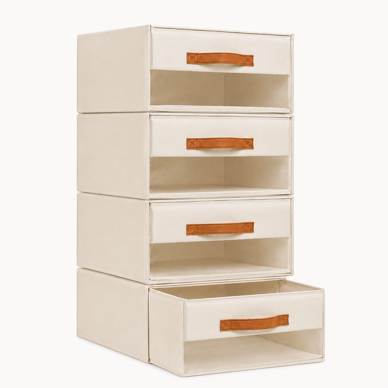 Stack of four beige fabric closet storage drawers with brown handles and open front panels.