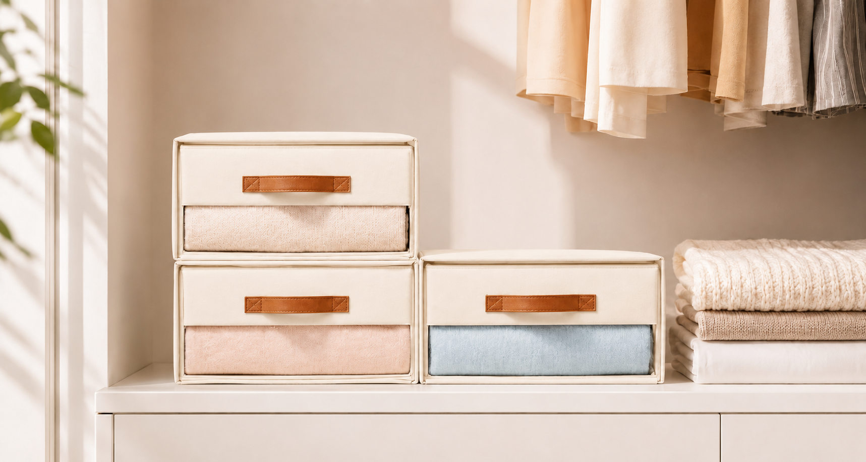 Fabric closet storage boxes with clear front windows and brown handles, neatly holding folded clothing on a shelf.