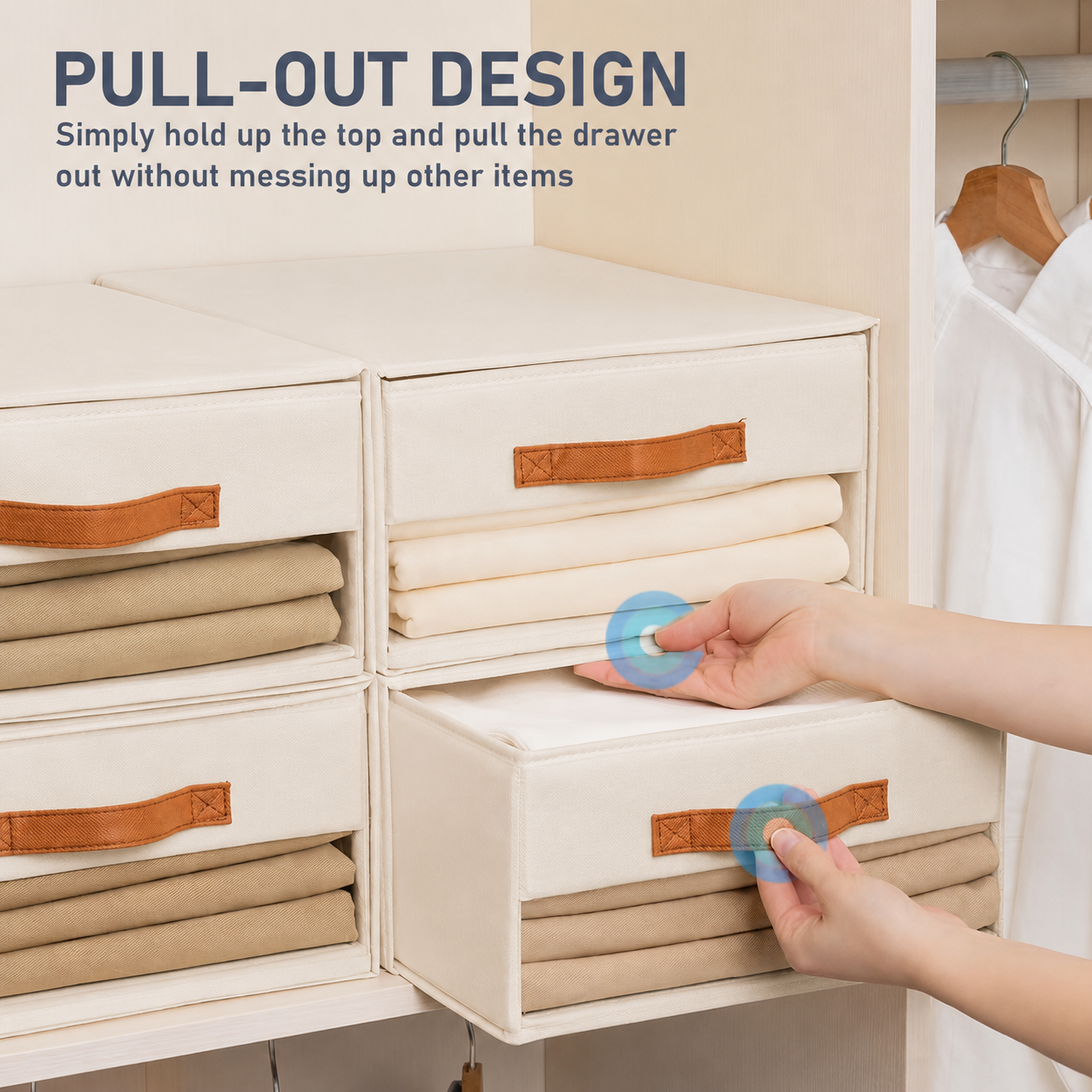 Pull-out fabric closet storage drawers with brown handles, clear front openings, folded clothes, and hands demonstrating the drawer design.