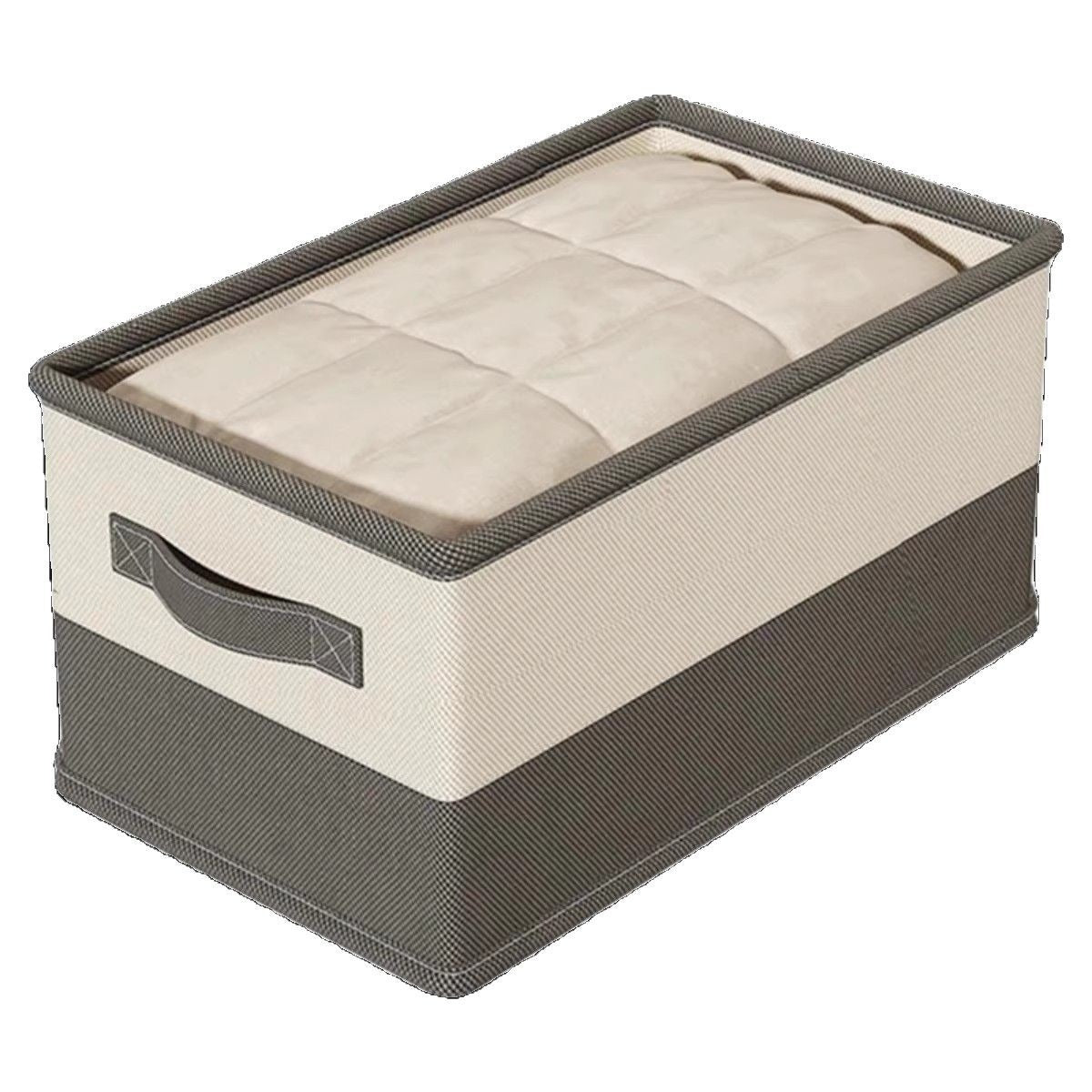 Gray and beige fabric storage bin with a clear top panel, side handle, and folded bedding inside.
