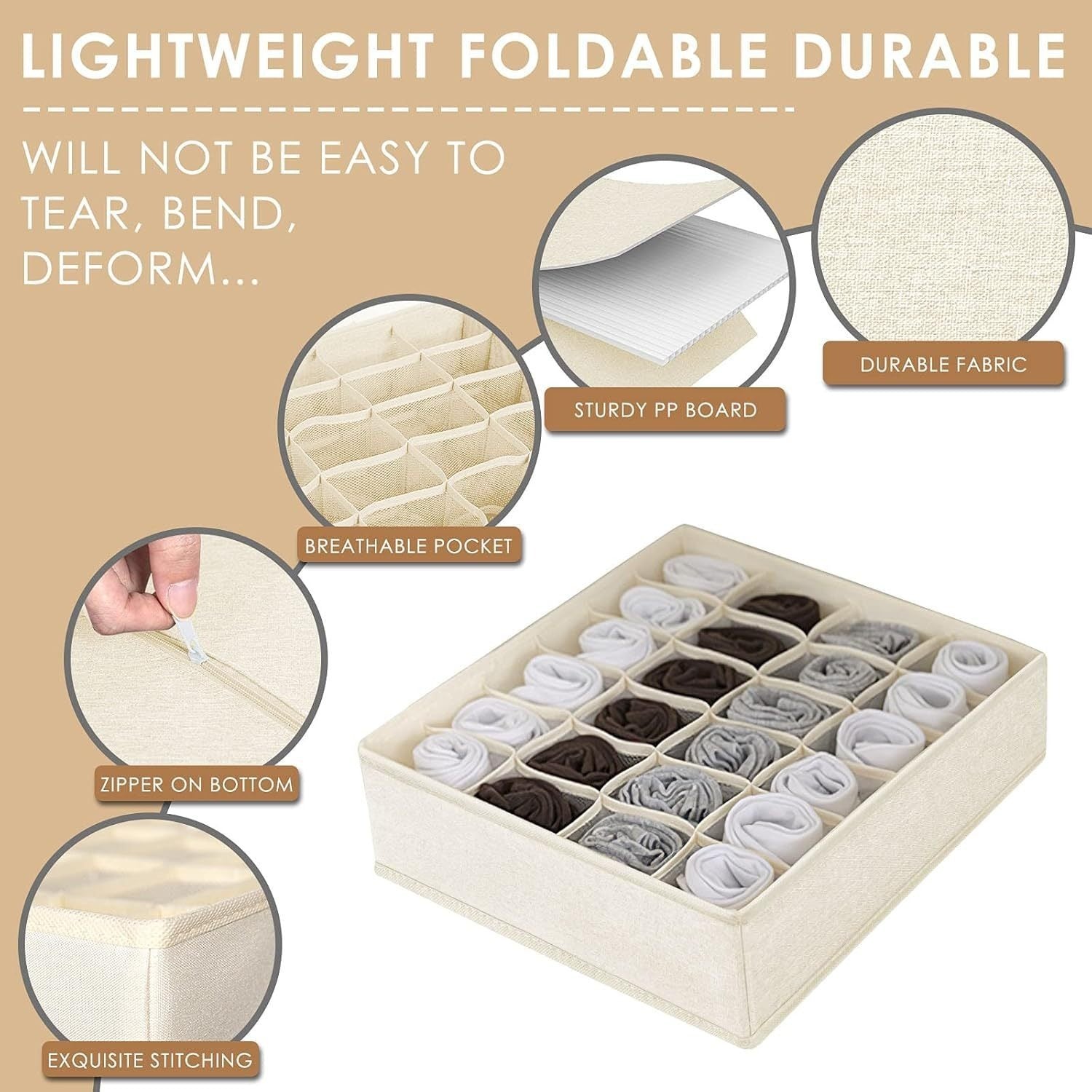 Beige foldable drawer organizer with multiple compartments, breathable fabric pockets, sturdy support board, bottom zipper, and reinforced stitching.