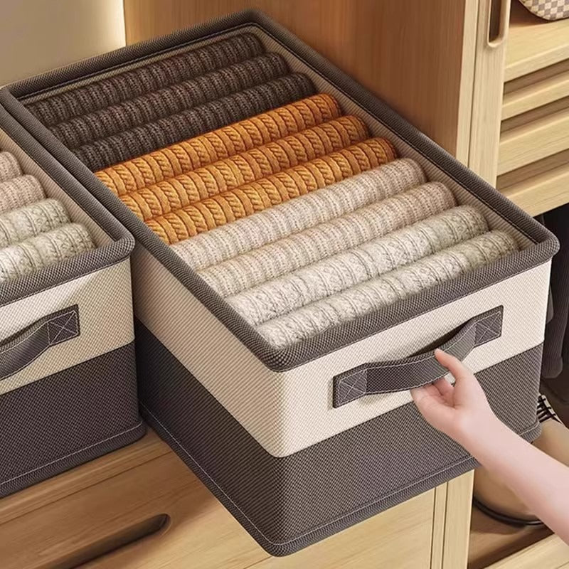 Beige and Gray Foldable Clothes Storage Organizer with Reinforced Handle for Closet and Shelf