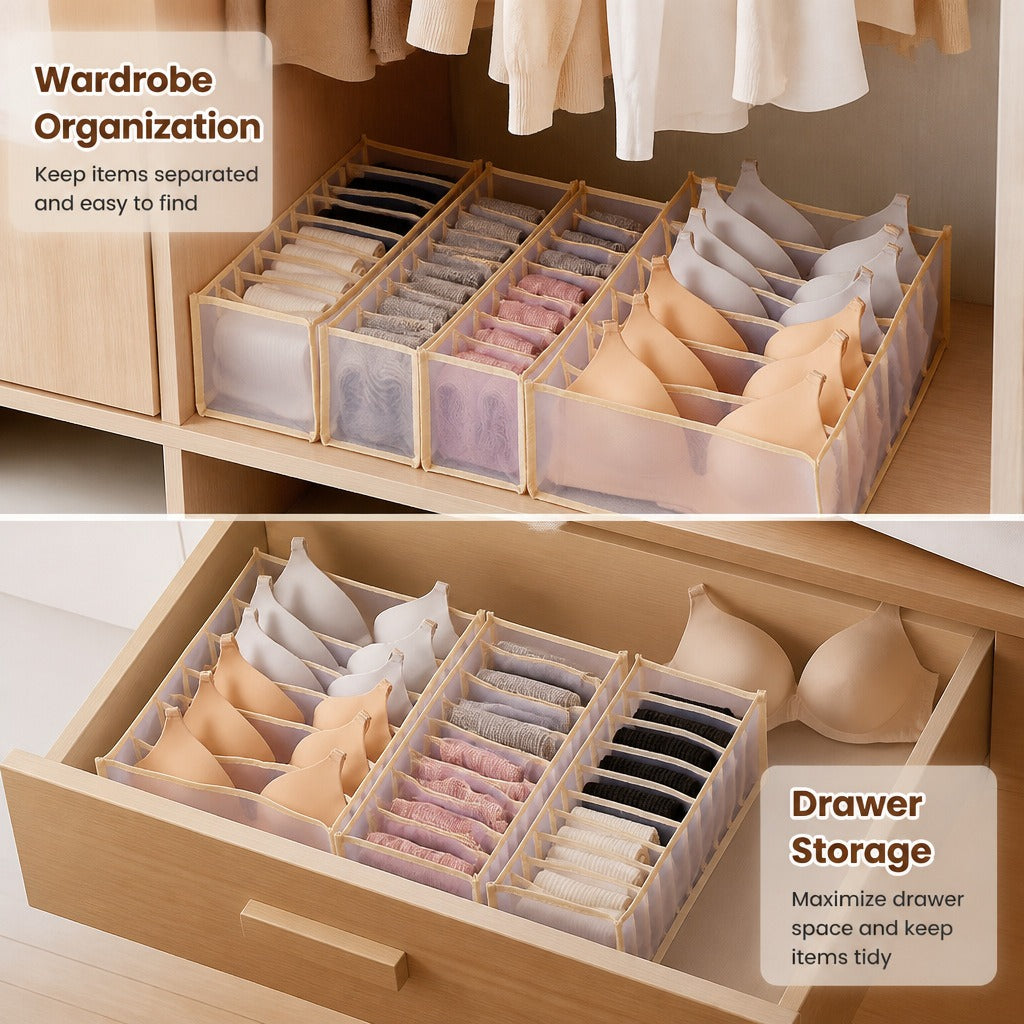 Beige 3-Piece Mesh Drawer Organizer Set with Divided Compartments for Bras, Underwear and Socks, 12.6 in Length