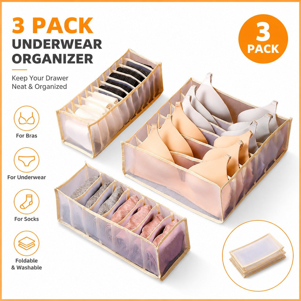 Three-piece foldable drawer organizer set with separate compartments for bras, underwear, and socks.