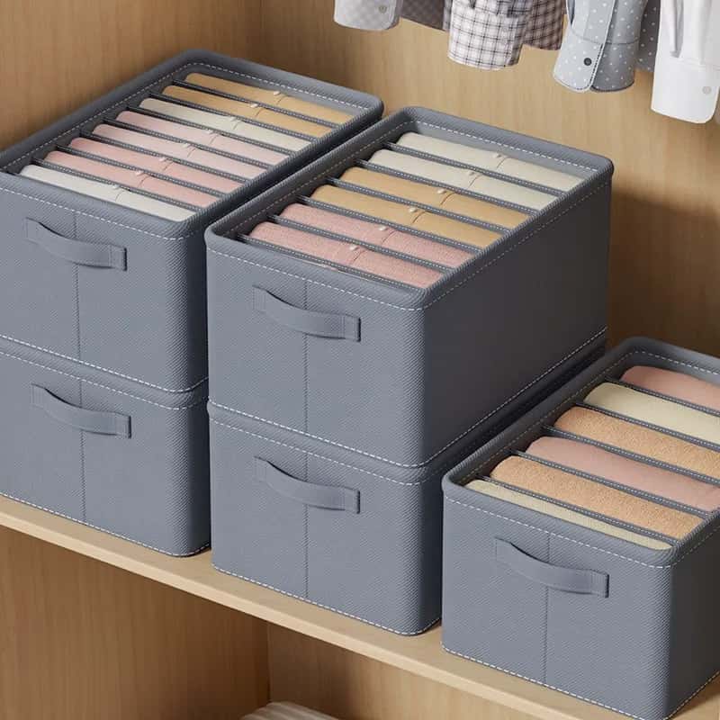 Gray Fabric Clothing Organizer Box with Adjustable Dividers and Carry Handle