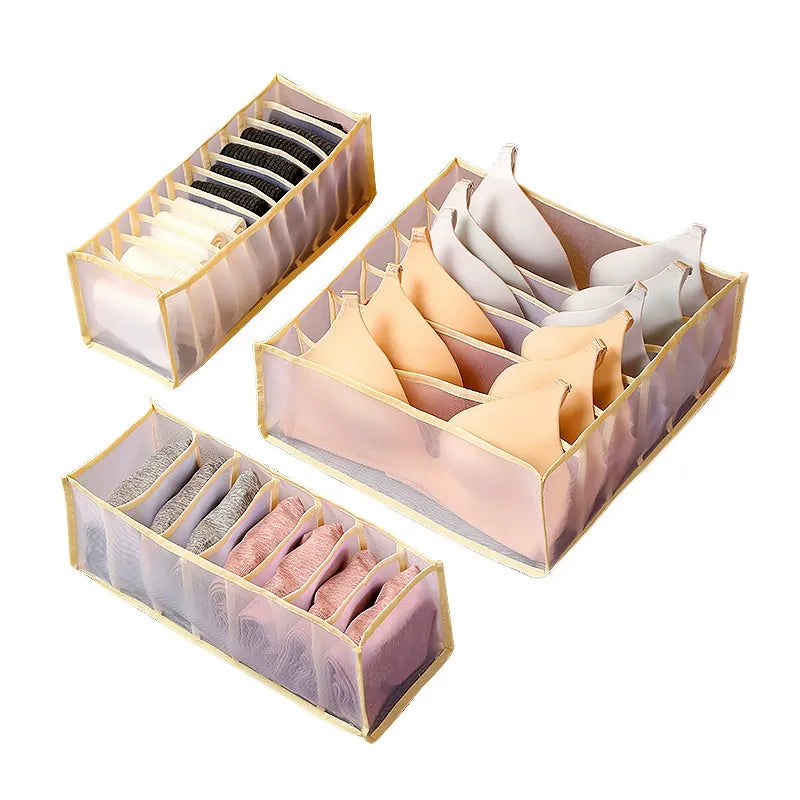Beige 3-Piece Mesh Drawer Organizer Set with Divided Compartments for Bras, Underwear and Socks, 12.6 in Length