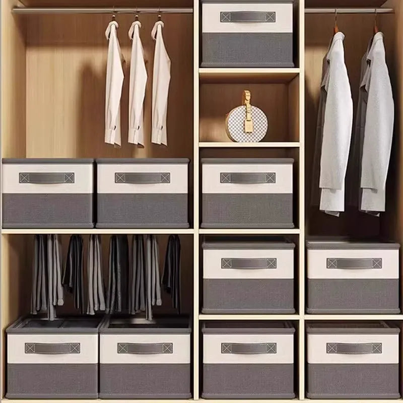 Beige and Gray Foldable Clothes Storage Organizer with Reinforced Handle for Closet and Shelf